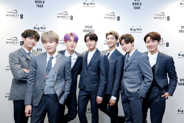 BTS on June 2 finishes its second of two solo concerts at Wembley Stadium in London. From left are V, Suga, Jin, Jungkook, RM, Jimin and J-Hope. (Big Hit Entertainment)